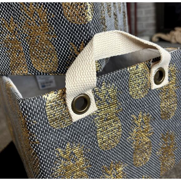 Blk /Gold Pineapple 3 Nesting Rectangle Storage Closet Organizer Bins w/ Handles - Picture 3 of 4